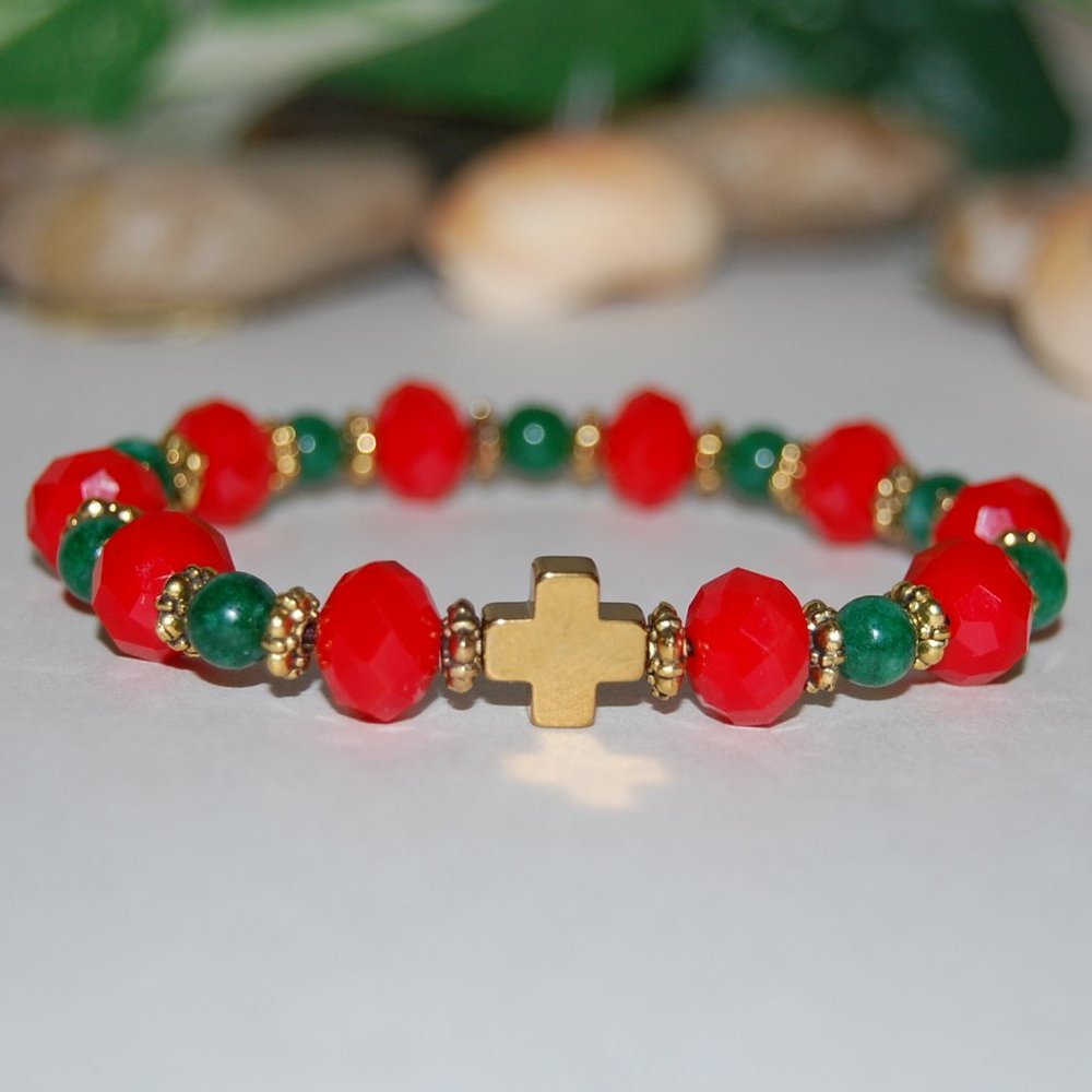 Cross Bracelet,Holiday Season Bracelet,Red and Green Bracelet,Golden Cross Brace